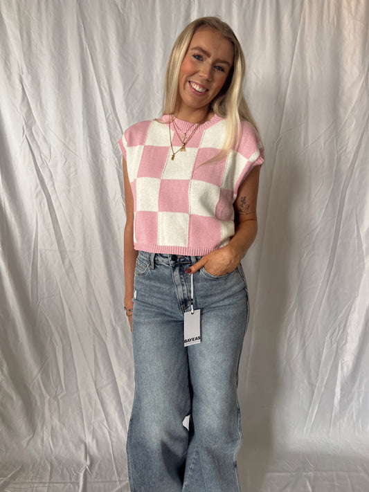 Checkered Sweater Top - Pink