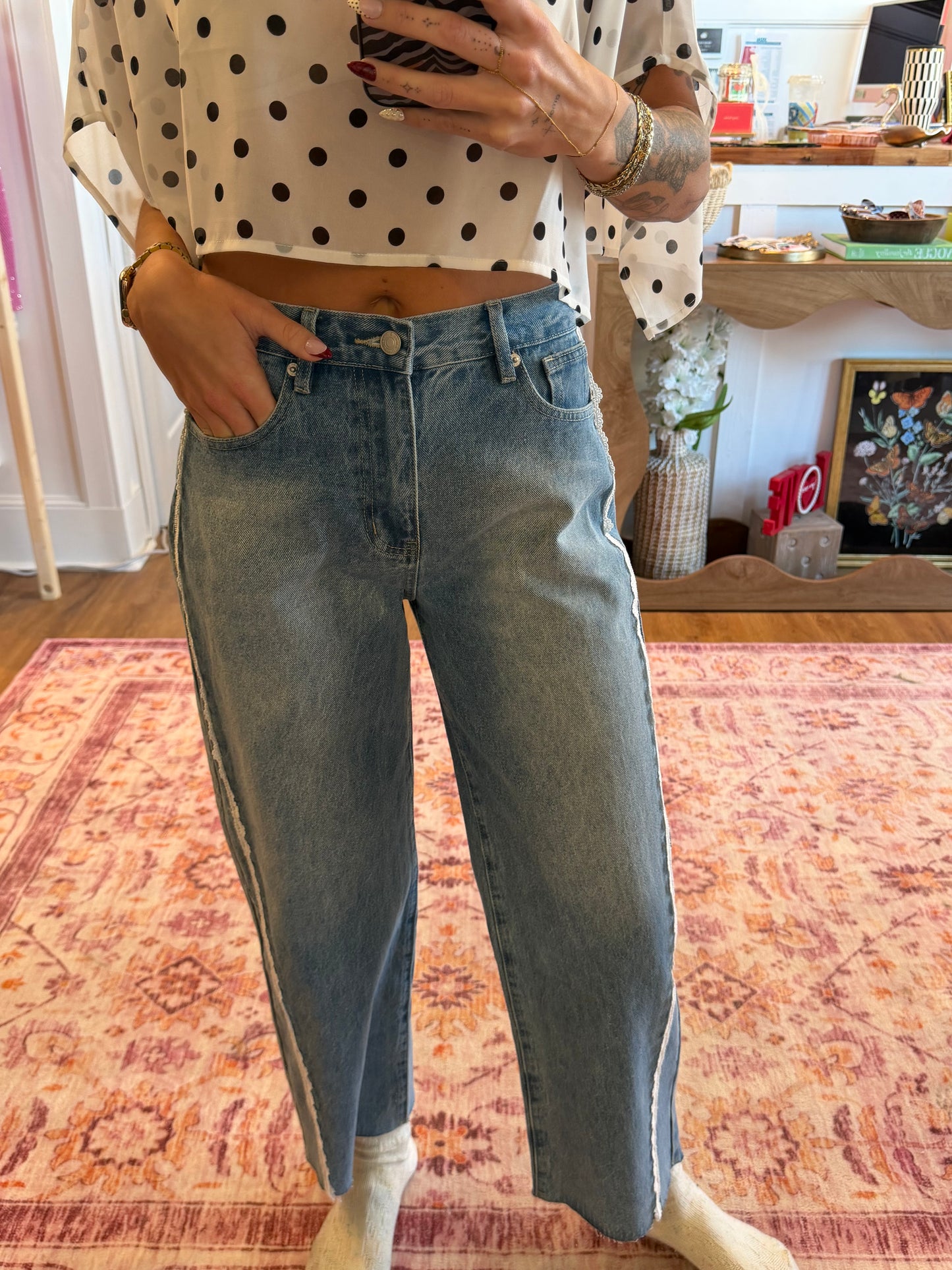 Lace Trim Barrel Jeans