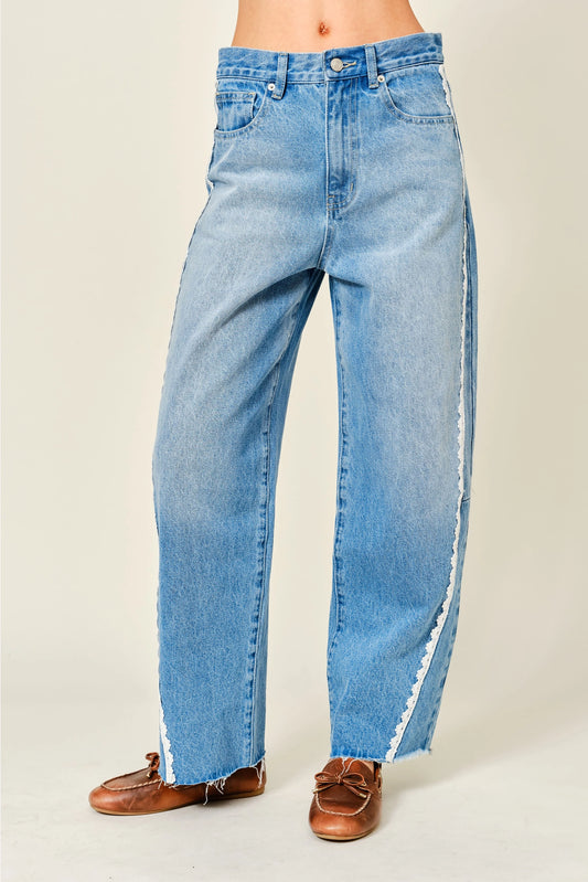 Lace Trim Barrel Jeans